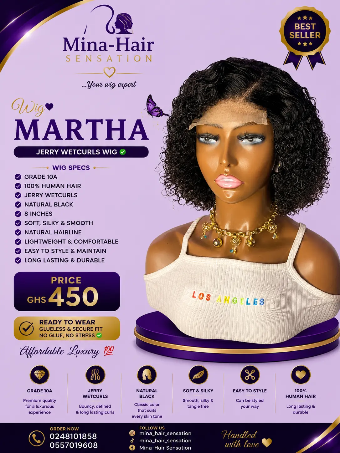 Wig Martha — Natural Black — Jerry Wetcurls Human Hair Wigs