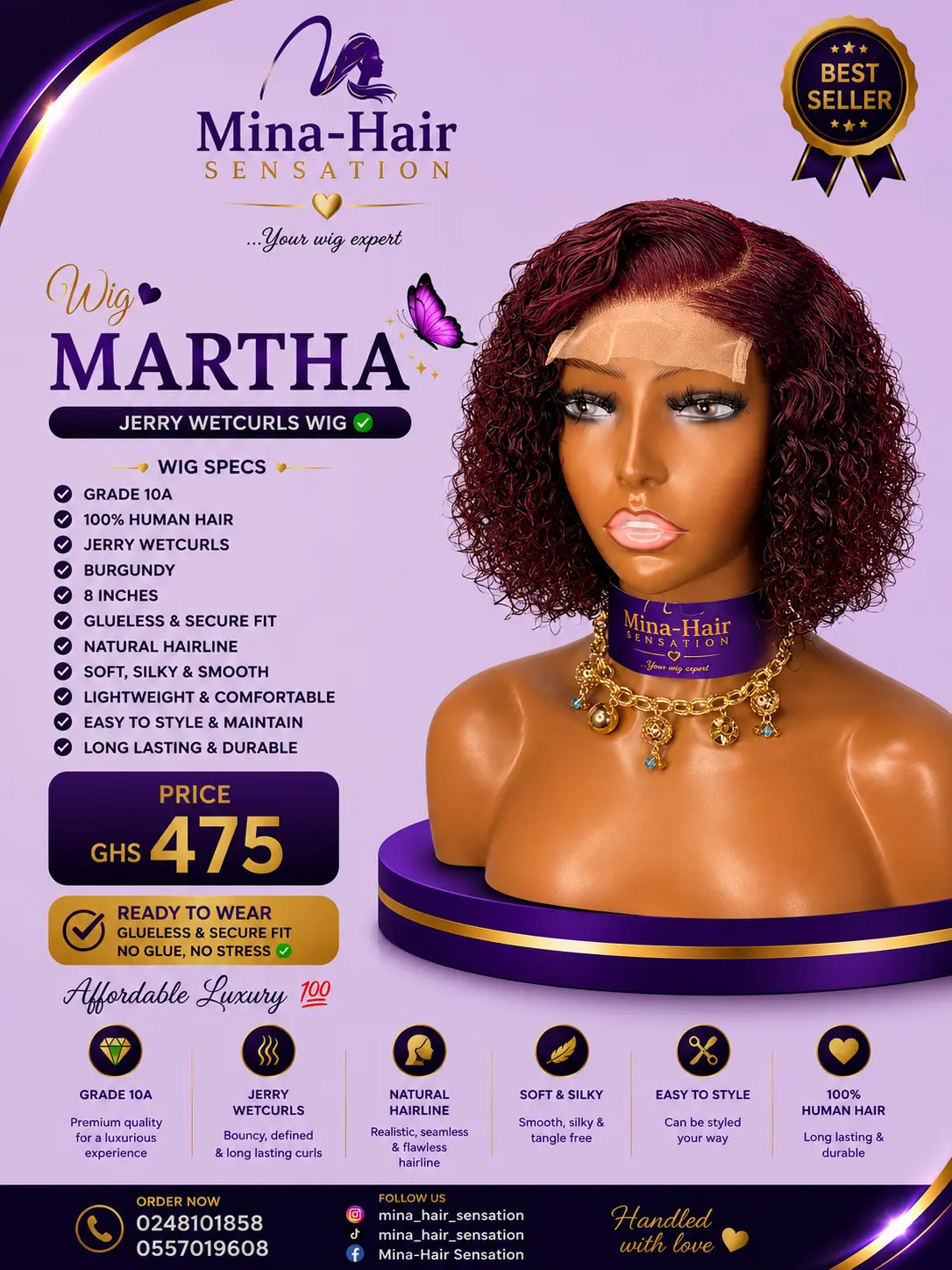 Wig Martha — Burgundy — Jerry Wetcurls Human Hair Wigs